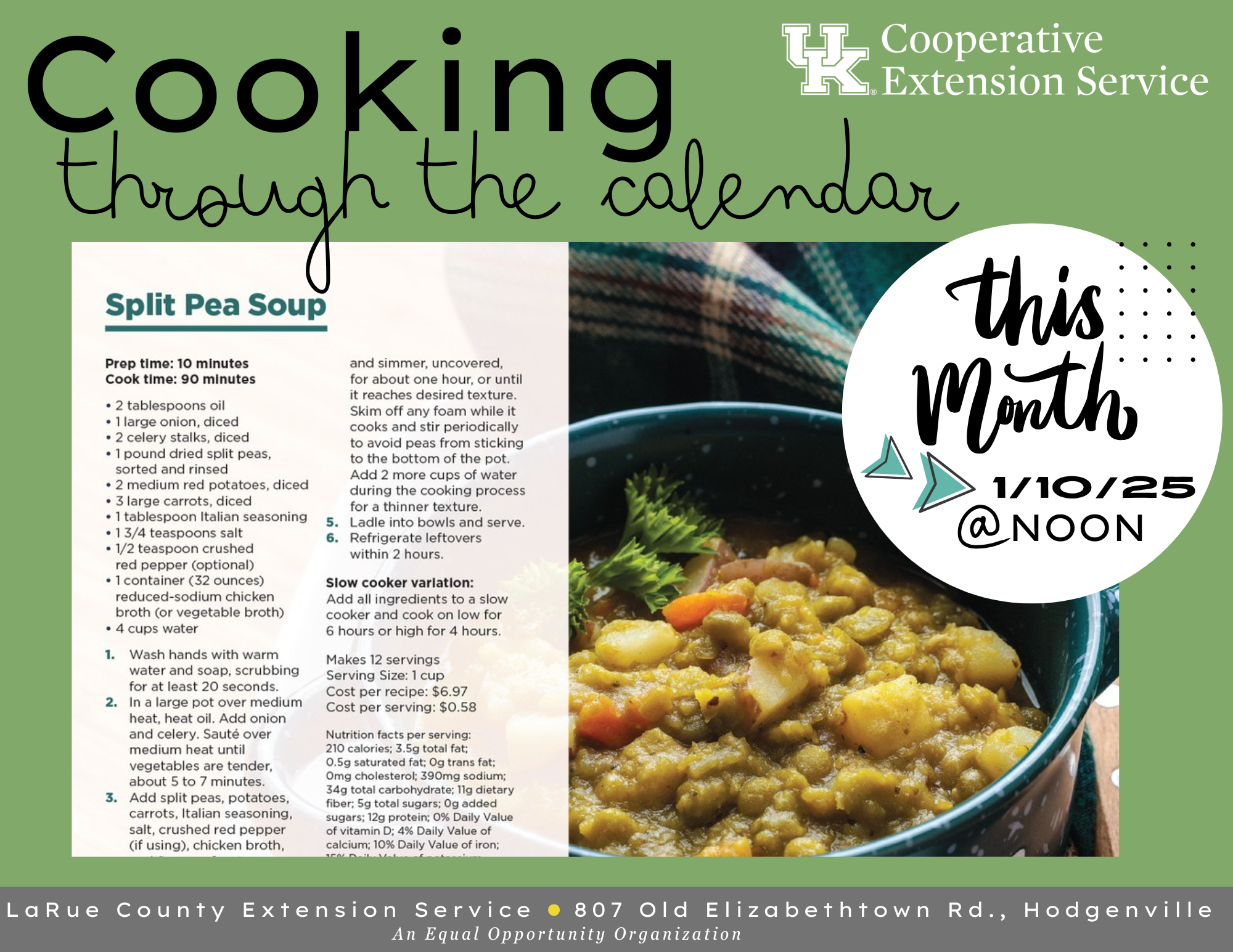 green background with recipe page in middle with bowl of split pea soup